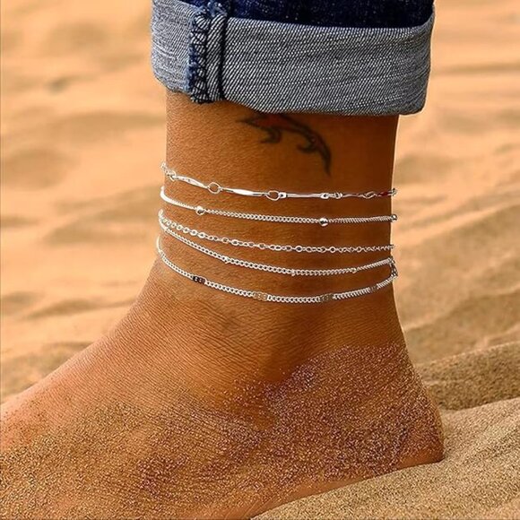 5 Pairs Anklets-Silver Bracelets for Women Trendy Dainty Waterproof - Picture 4 of 5